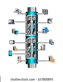 Concept of Enterprise service bus connecting various legacy, mobile, cloud based applications, and Integration layer represented with multiple gears connected with different applications