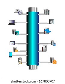 Concept of Enterprise service bus connecting various legacy, mobile, cloud based applications, and Integration layer represented with pipe connected with different applications