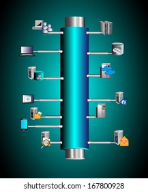 Concept of Enterprise service bus connecting various legacy, mobile, cloud based applications, and Integration layer represented with pipe connected with different applications