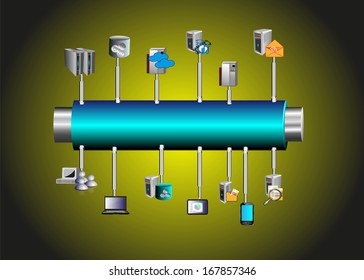 Concept of Enterprise service bus connecting various legacy, mobile, cloud based applications, and Integration layer represented with pipe connected with different applications
