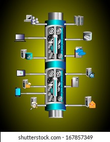 Concept of Enterprise service bus connecting various legacy, mobile, cloud based applications, and Integration layer represented with multiple gears connected with different applications