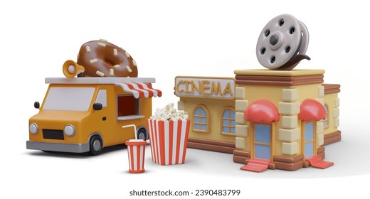 Concepto de entretenimiento y descanso en el cine. Edificio 3D, food truck, aperitivos y bebidas. Imagen de color vectorial sobre fondo blanco. Composición publicitaria