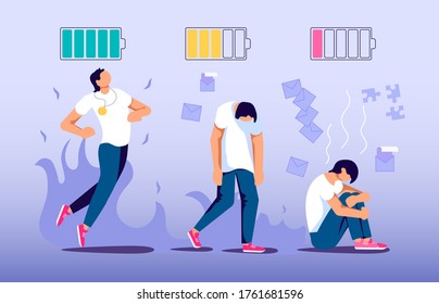Concept of enthusiastic manager on the start of project and exhausted on the finish. Professional Burnout at work metaphor. Flat Art Vector Illustration