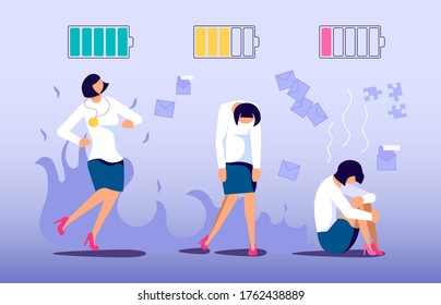 Concept of enthusiastic manager on the start of project and exhausted on the finish. Professional Burnout at work metaphor. Flat Art Vector Illustration