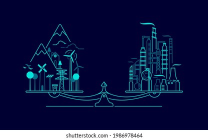 concept of environment conservation or ecology system, graphic of balancing scale with factory and forest