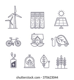 Concept for environment, ecology, ecosystem and green technology themes. Vector outline logo icons set. Illustration of eco transport, nature protection, solar power, windmill and water power station.