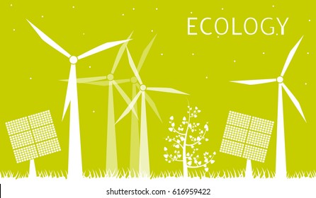 Concept of environment ecology - silhouettes of windmills, solar panels, trees