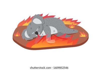 concept of environment pollution with wildfire killed pity koala, animal life. cartoon flat vector illustration