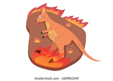 concept of environment pollution with wildfire killed pity kangaroo, animal life. cartoon flat vector illustration