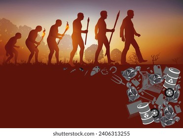 Concept of environment and waste disposal with the symbol of human evolution in the face of pollution caused by human activity.