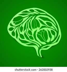 The concept of environmental awareness, thinking green, landscaping & landscape gardening learning, etc. Abstract human brain, vector illustration