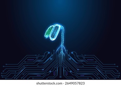 Concept of environmental crisis and sustainability in technology. Wilting plant with fading energy over tech board. Vector illustration for green failure, climate tech risks, and AI-environment gaps.