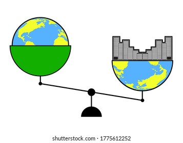 concept, environmental disaster. Environmental pollution. On the scales, ecology of the planet and life in megacities. Imbalance on Earth. Vector