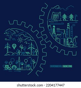 concepto de ingeniería ambiental o energía verde, gráfico de rueda de cog con escena del sistema ecológico dentro