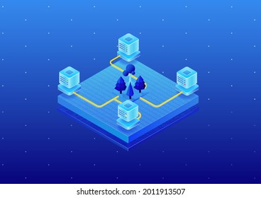 Concept Of Environmental Friendly IT Data Center. Isometric 3D Vector Illustration Of Server Farm Powered By Sustainable Energy.