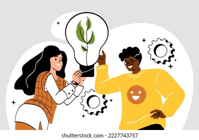 Concepto de medio ambiente. Hombre y mujer desarrollando fuentes alternativas de energía. Hombre y mujer con bombilla de luz con planta dentro. Reducción de la liberación de desechos peligrosos. Dibujo vectorial plano de dibujos animados