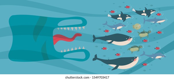 concept of environmental plastic pollution effect to marine animals life, plastic monster chasing to eat fish, whale, shark, turtle, dolphin, killer whale. cartoon flat vector illustration.