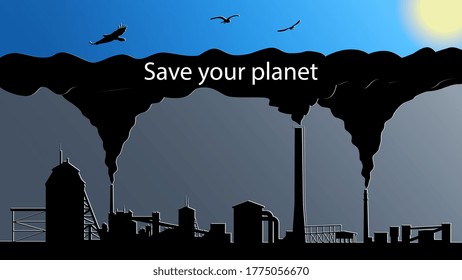 The concept of environmental pollution by plants. Smoky factory chimneys. Chimneys with black smoke close the blue sky with birds and the sun. Vector EPS 10.