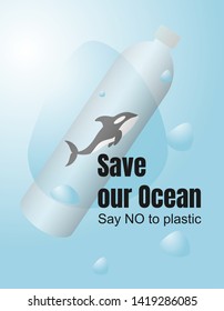 The concept of environmental pollution by plastic. Text Save our Ocean Say no to plastic. Orca in a bottle on a background of blue water.