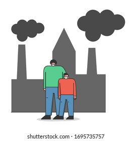 Concept Of Environmental Protection, Air Pollution. Father And Son In Protective Face Masks Are Walking on Street Against Factory Pipes Emitting Smoke. Cartoon Linear Outline Flat Vector Illustration