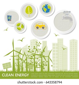 Concept of environmental protection and conservation - windmills, solar batteries, electric cars, clean energy, waste recycling