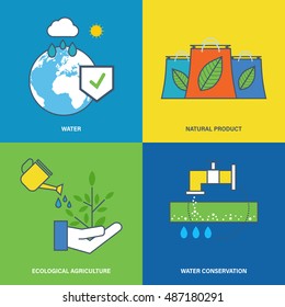 Concept of environmental protection, preservation of natural reserves of water and maintaining pure agriculture, water conservation. Flat vector illustration.