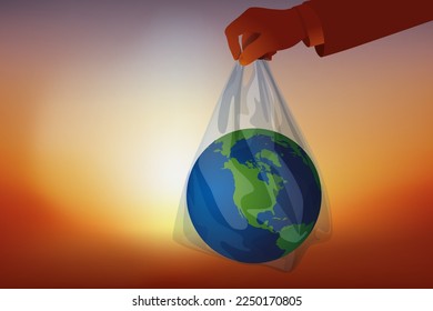 Concept of environmental protection with the symbol of the planet earth, thrown away with garbage in a garbage bag.