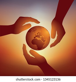 Concept of environmental protection with three hands that symbolically protect the earth against the danger of global warming