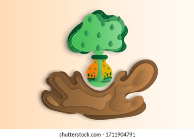Concepto de ilustración vectorial de la ciencia ambiental. Estilo de papel de la suciedad con árbol y campo verde en el matraz.