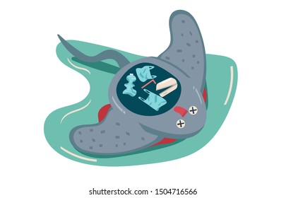 concept of environmental, sea, ocean pollution with plastic waste, bottle, can, garbage, trash or rubbish in animal stomach, marine life, dead ray. cartoon flat vector illustration.