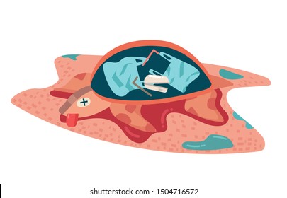 concept of environmental, sea, ocean pollution with plastic waste, garbage, trash or rubbish in animal stomach, marine life, dead turtle on the beach. cartoon flat vector illustration.