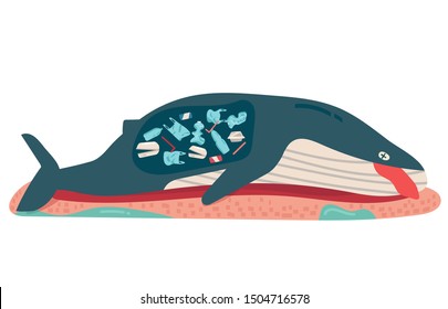 concept of environmental, sea, ocean pollution with plastic waste, bottle, can, foam, garbage trash or rubbish in animal stomach, marine life, dead whale on the beach. cartoon flat vector illustration