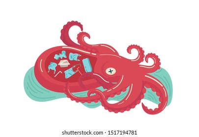 concept of environmental, sea, ocean pollution with plastic waste, bottle, garbage, trash or rubbish in animal stomach, marine life, dead octopus. cartoon flat vector illustration.