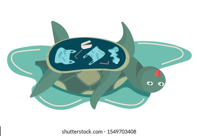 concept of environmental, sea, ocean pollution with plastic waste, bottle, garbage, trash or rubbish in animal stomach, marine life, dead turtle. cartoon flat vector illustration.
