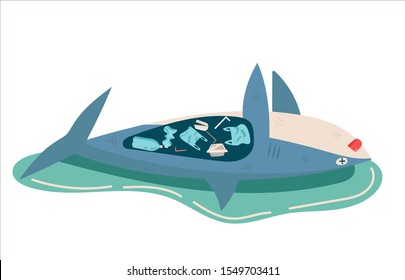 concept of environmental, sea, ocean pollution with plastic waste, bottle, garbage, trash or rubbish in animal stomach, marine life, dead shark. cartoon flat vector illustration.
