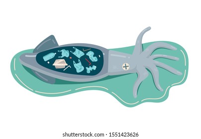 concept of environmental, sea, ocean pollution with plastic waste, bottle, garbage, trash or rubbish in animal stomach, marine life, dead squid. cartoon flat vector illustration.