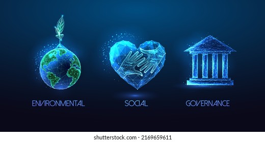 Concepto de gobernanza social ambiental ESG en símbolos futuristas brillantes sobre fondo azul oscuro