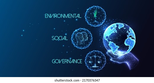 Concepto de gobernanza social ambiental ESG con mano sosteniendo el planeta Tierra sobre fondo azul oscuro