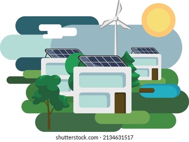 The concept of environmentally friendly alternative energy. House with solar panels and wind turbines. Vector illustration.