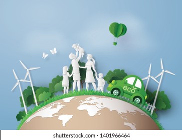 concept of Environmentally friendly  with eco car and family .paper art and craft style.