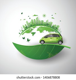 concept of Environmentally friendly  with eco car .paper art and craft style.