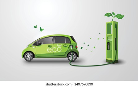 concept of Environmentally friendly  with eco car .paper art and craft style.