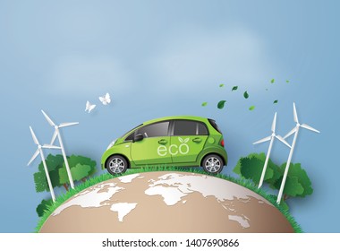 concept of Environmentally friendly  with eco car .paper art and craft style.