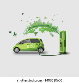 concept of Environmentally friendly  with eco car .paper art and craft style.