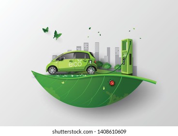 concept of Environmentally friendly  with eco car .paper art and craft style.