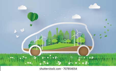 concept of Environmentally friendly  with eco car .paper art and  digital craft style.