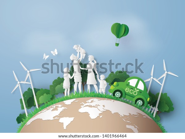concept of Environmentally friendly  with\
eco car and family .paper art and craft\
style.