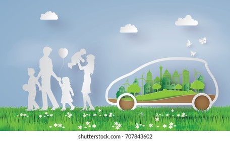 Concept of environmentally friendly with eco-car and family, paper art and craft style.
