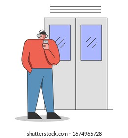 Concept Of Environmentally Public Transport. Character In Headphones is Riding Metro, Subway or Underground Train Car. Man Is Using Public Transport. Cartoon Linear Outline Flat Vector Illustration