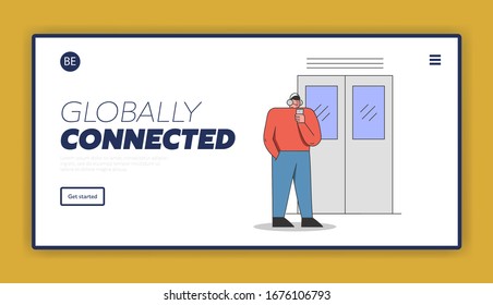 Concept Of Environmentally Public Transport. Website Landing Page. Character In Headphones is Riding Metro, Subway or Underground Train Car. Cartoon Linear Outline Flat Vector Illustration